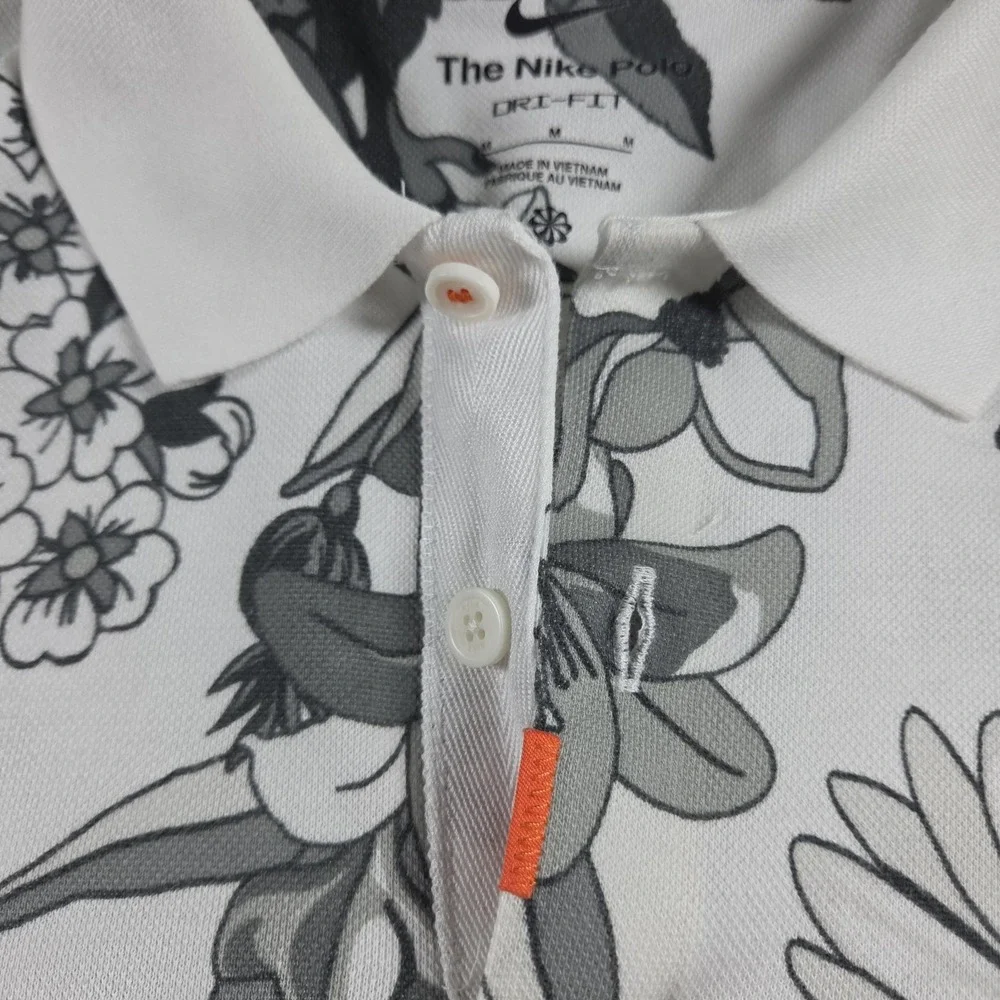 Nike Polo Dri-Fit Shirt Men's Medium White Gray Floral Golf Casual Short Sleeve